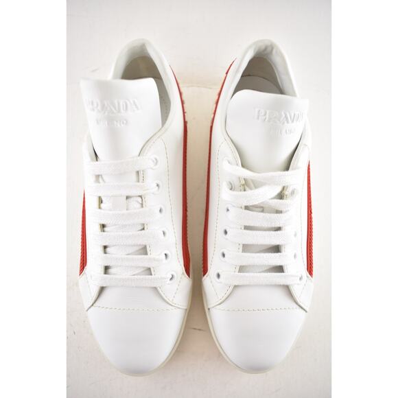 Prada Band White Red Stripe Logo Lace Up Tie Flat Low Top Trainer Sneaker 36.5 - Picture 12 of 16